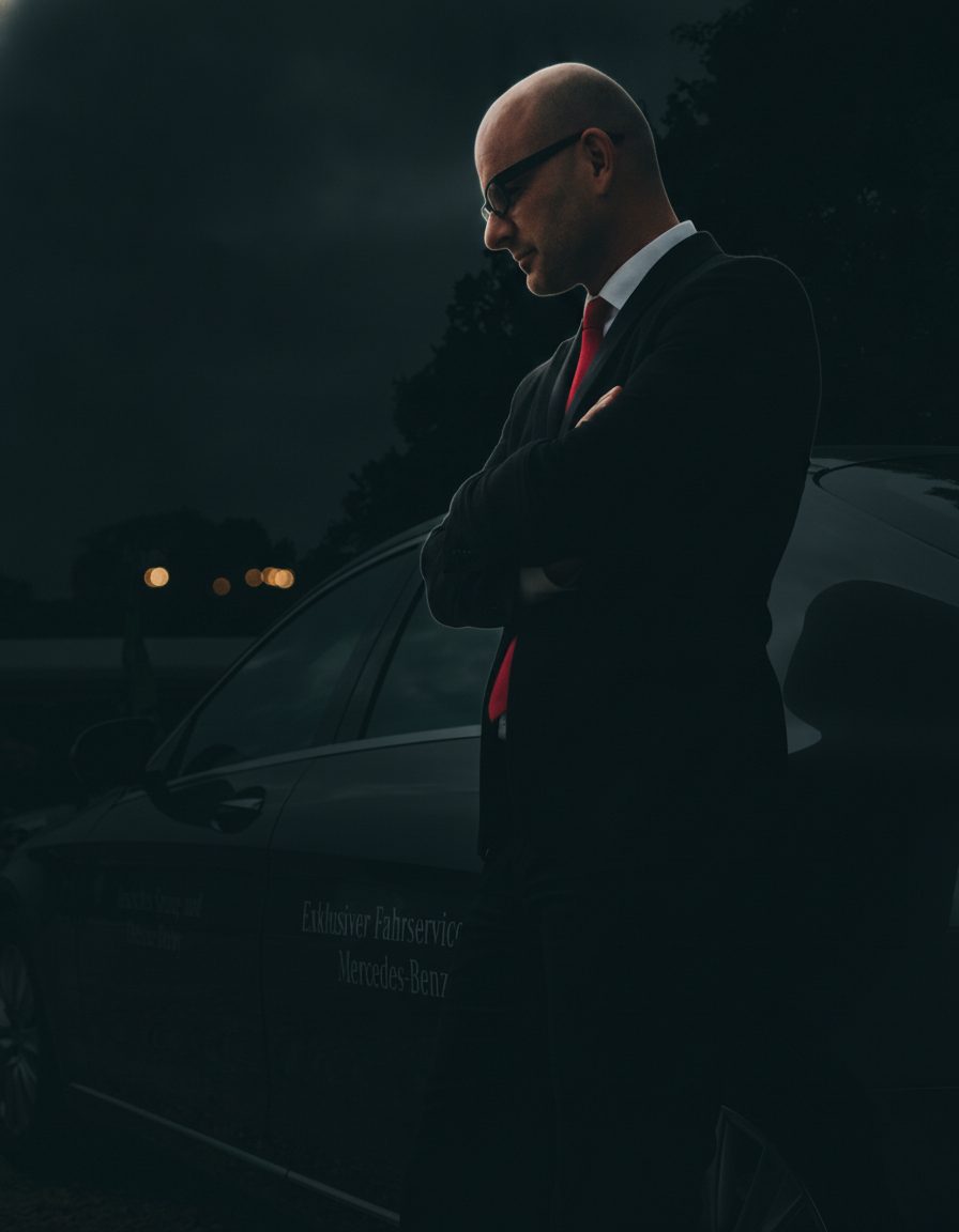 Kristof Gryla im dunklen Anzug mit roter Krawatte, an eine schwarze Mercedes-Benz Limousine gelehnt – G&K Fahr- und Chauffeurservice Hamburg